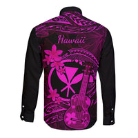 Long sleeve button shirt, black with pink plumeria and ukulele graphic, back text Hawaii