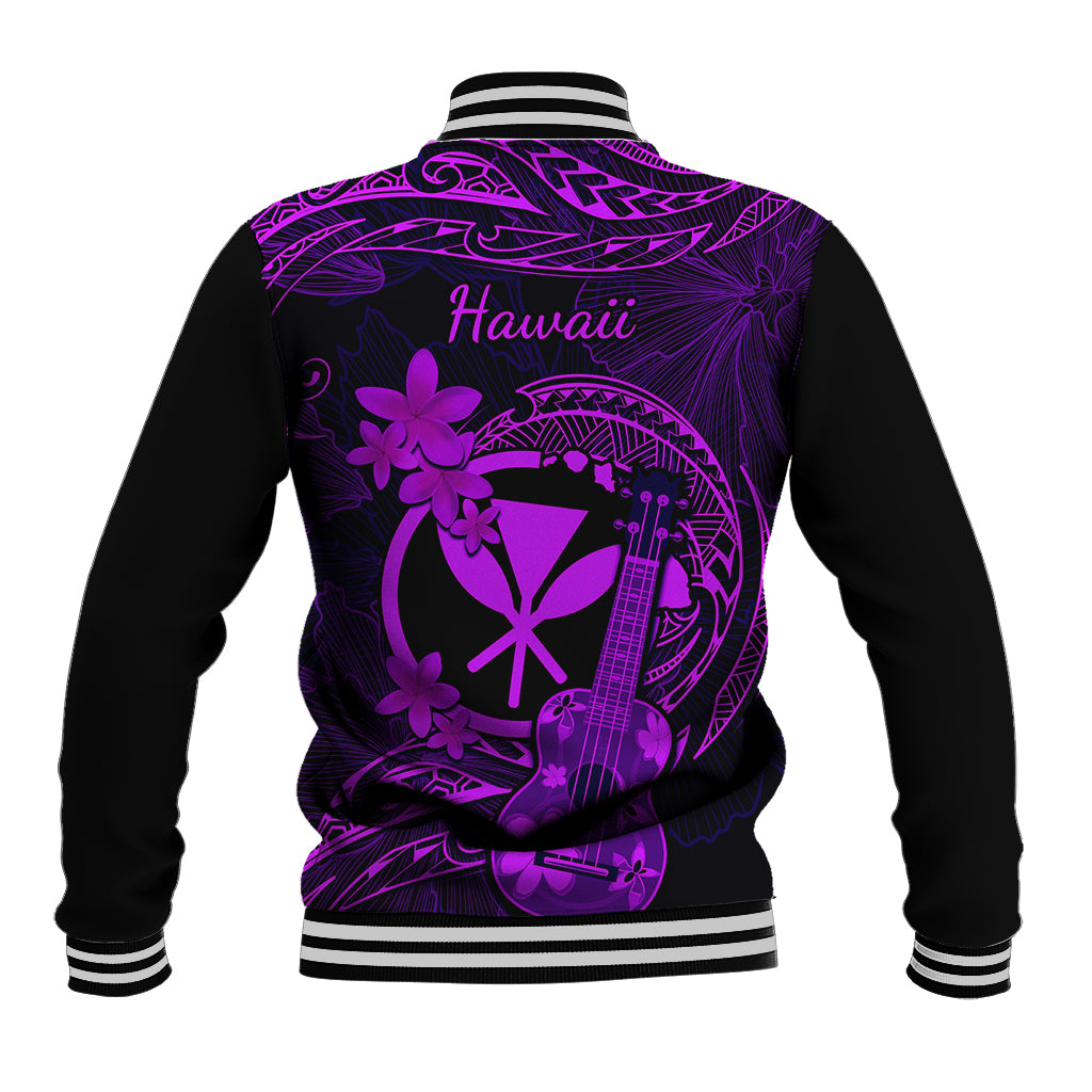Purple and black varsity baseball jacket with striped collar, 'Hawaii' back print and floral
