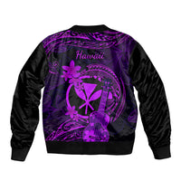 Unisex bomber jacket with purple Hawaii text and large ukulele graphic, back view
