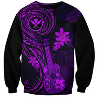 Unisex purple sweatshirt with black base, front graphic of ukulele and plumeria flowers