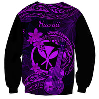 Unisex purple sweatshirt, back graphic with Hawaii text, ukulele and plumeria flowers