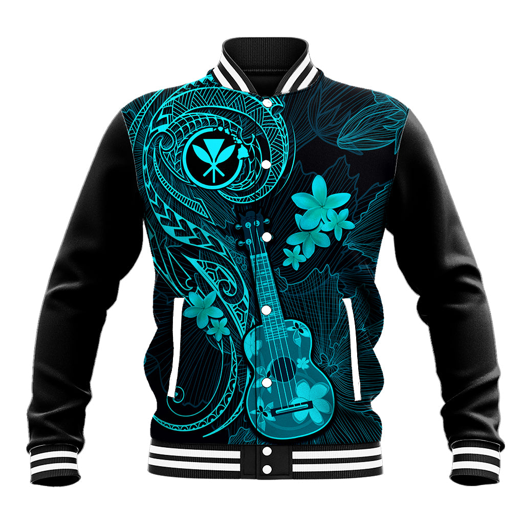 Unisex turquoise and black baseball jacket with floral ukulele front graphic