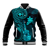 Unisex turquoise and black baseball jacket with floral ukulele front graphic