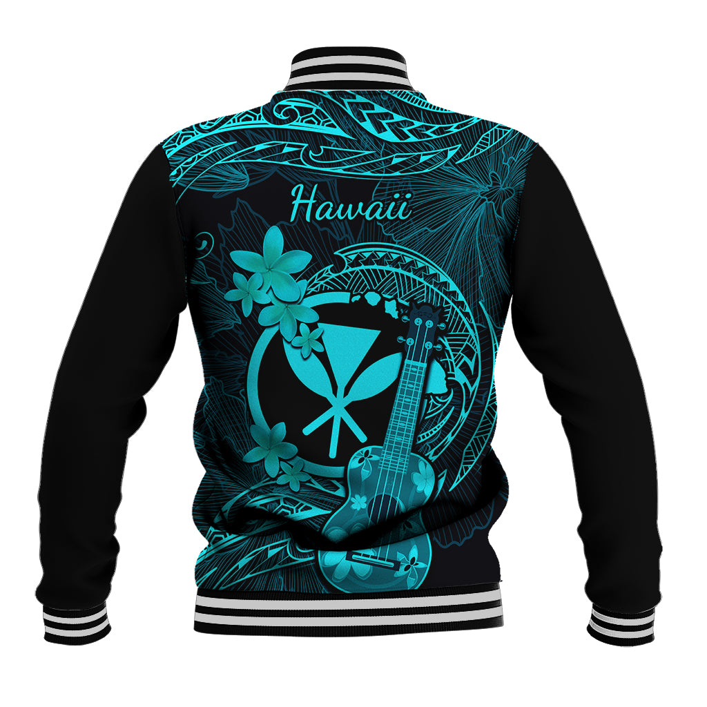 Unisex turquoise and black baseball jacket with 'Hawaii' back print and floral ukulele