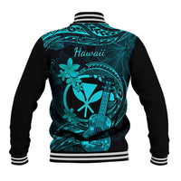 Unisex turquoise and black baseball jacket with 'Hawaii' back print and floral ukulele