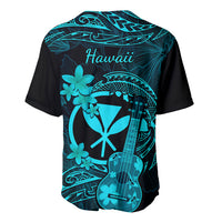 Hawaiian baseball jersey, black and turquoise, back print with Hawaii text and ukulele