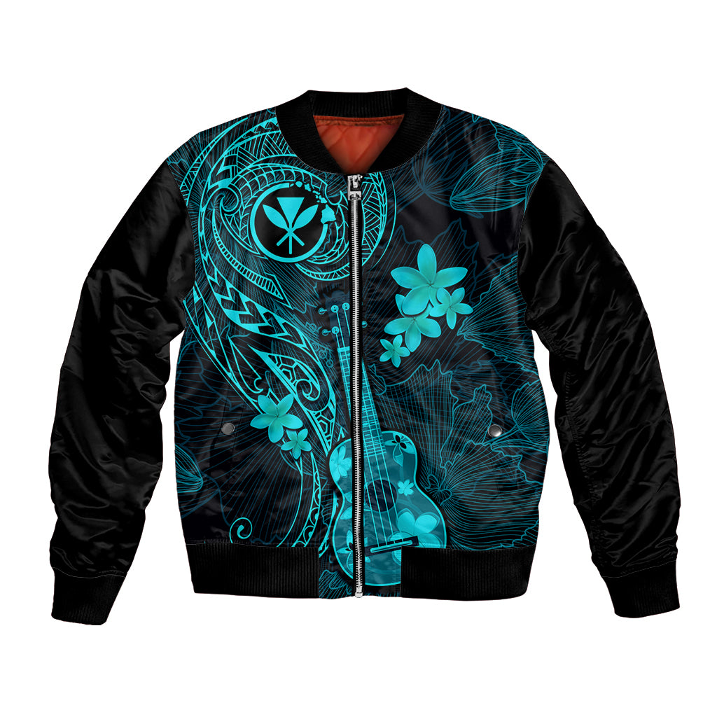 Turquoise bomber jacket with black sleeves, button front, floral and wave graphic