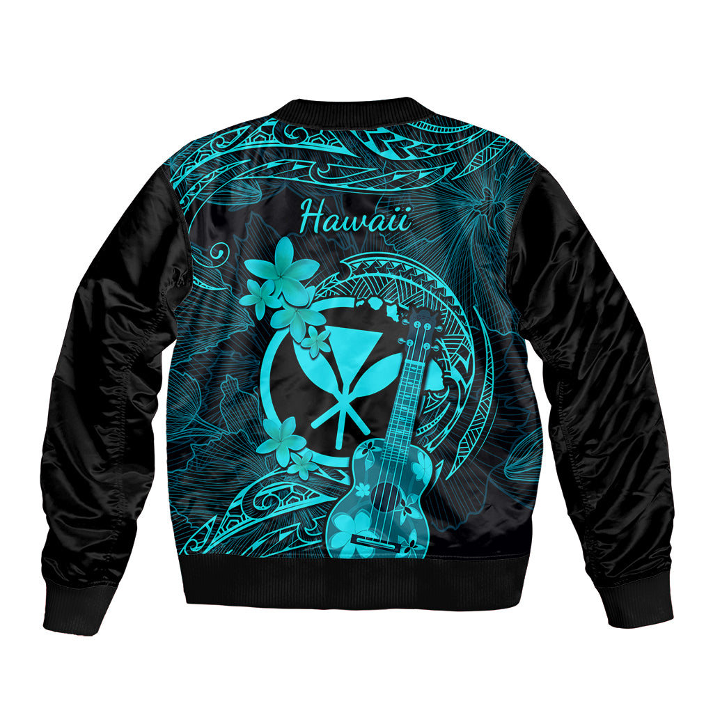 Turquoise bomber jacket back with Hawaii script, plumeria and ukulele artwork