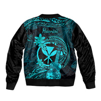 Turquoise bomber jacket back with Hawaii script, plumeria and ukulele artwork