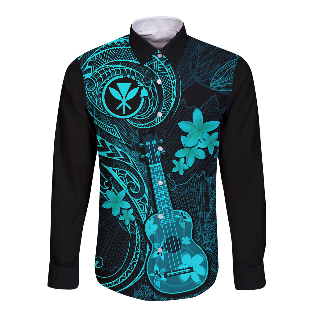 Black long sleeve button shirt with turquoise ukulele and floral print, front