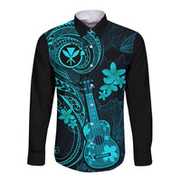 Black long sleeve button shirt with turquoise ukulele and floral print, front