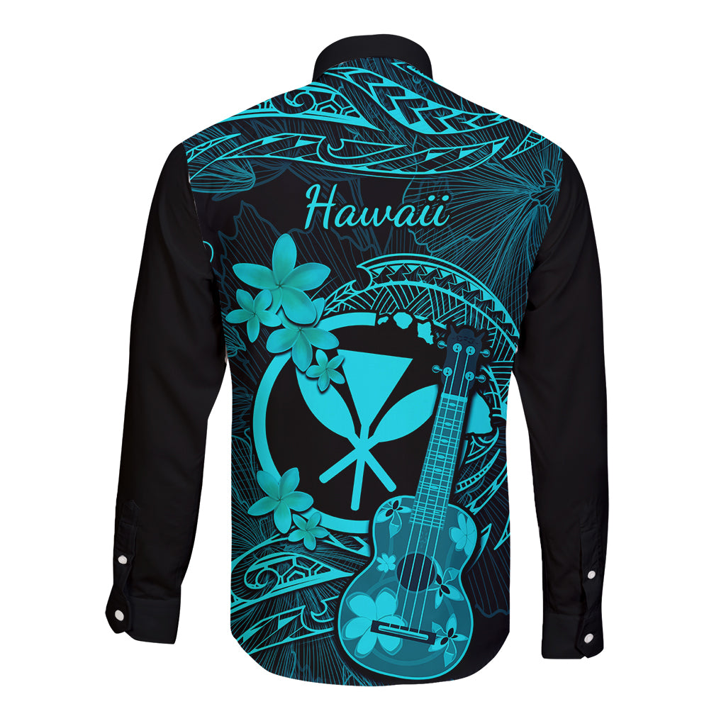 Black long sleeve button shirt with turquoise ukulele, flowers, and 'Hawaii' text, back