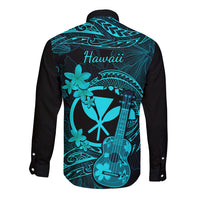 Black long sleeve button shirt with turquoise ukulele, flowers, and 'Hawaii' text, back