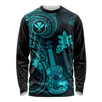 Unisex long-sleeve shirt with turquoise ukulele and plumeria graphic on black