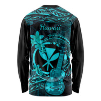 Unisex long-sleeve shirt with turquoise Hawaii text, ukulele, and plumeria on black