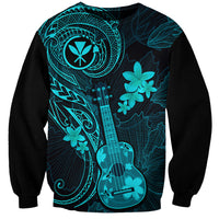 Unisex black sweatshirt with turquoise ukulele and plumeria tribal graphic front