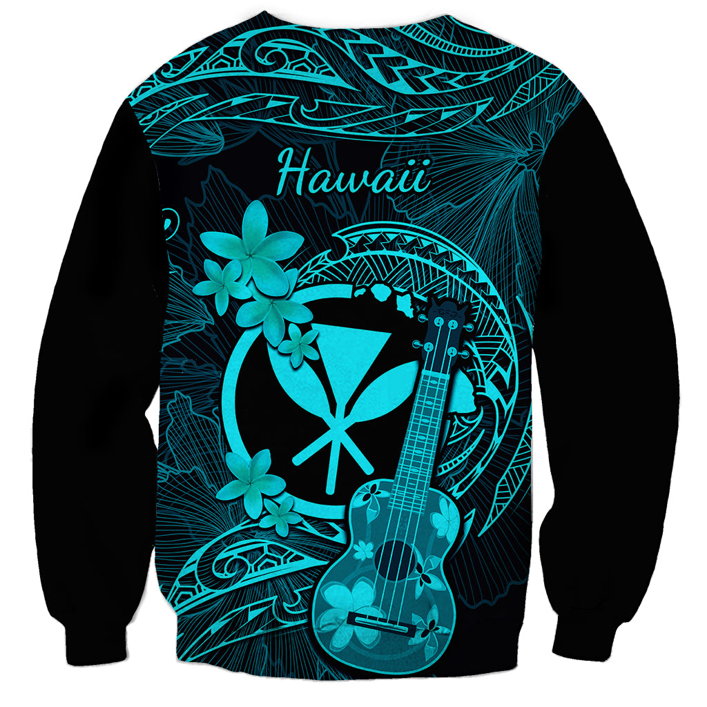 Unisex black sweatshirt with turquoise Hawaii text and ukulele plumeria tribal graphic back