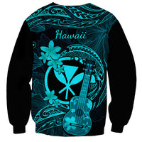 Unisex black sweatshirt with turquoise Hawaii text and ukulele plumeria tribal graphic back