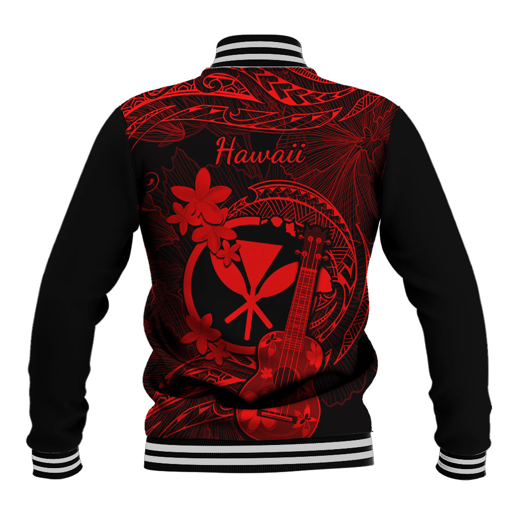 Black varsity jacket with red back graphic and “Hawaii” text, plumeria and ukulele, striped cuffs