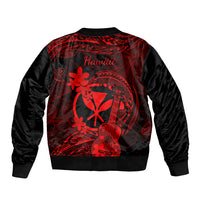 Red and black bomber jacket back graphic with 'Hawaii' lettering and hibiscus and ukulele