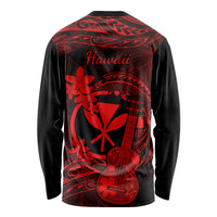 Unisex long-sleeve shirt, black with red 'Hawaii' back print, ukulele and hibiscus