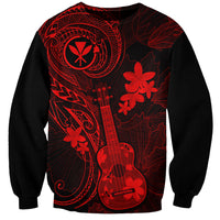 Unisex black sweatshirt with red ukulele and hibiscus floral Polynesian print