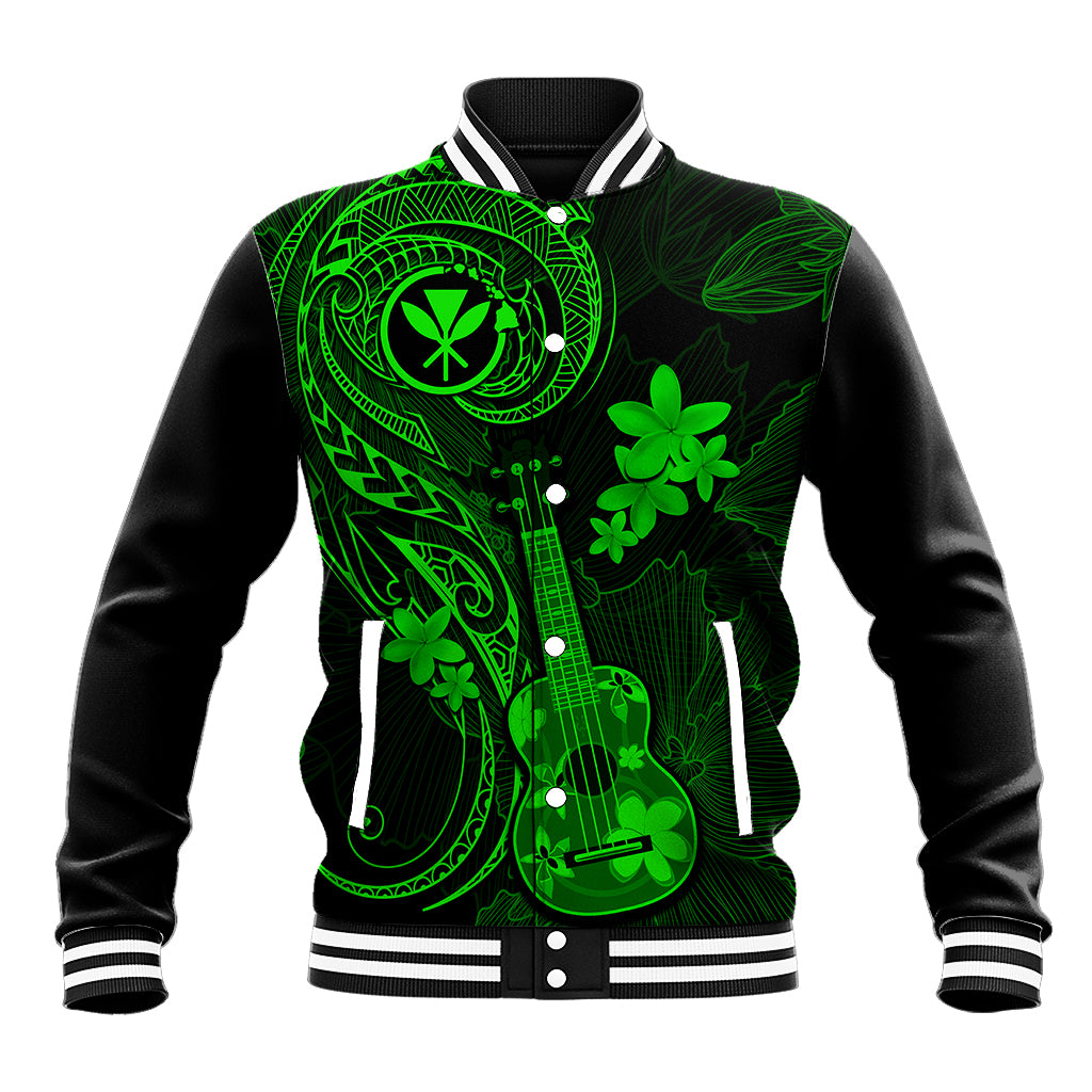 Unisex baseball jacket, black with bright green front guitar and flower graphic