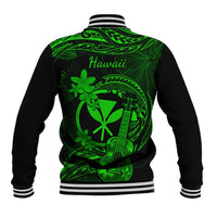 Unisex baseball jacket, black with bright green back Hawaii print and flower graphic