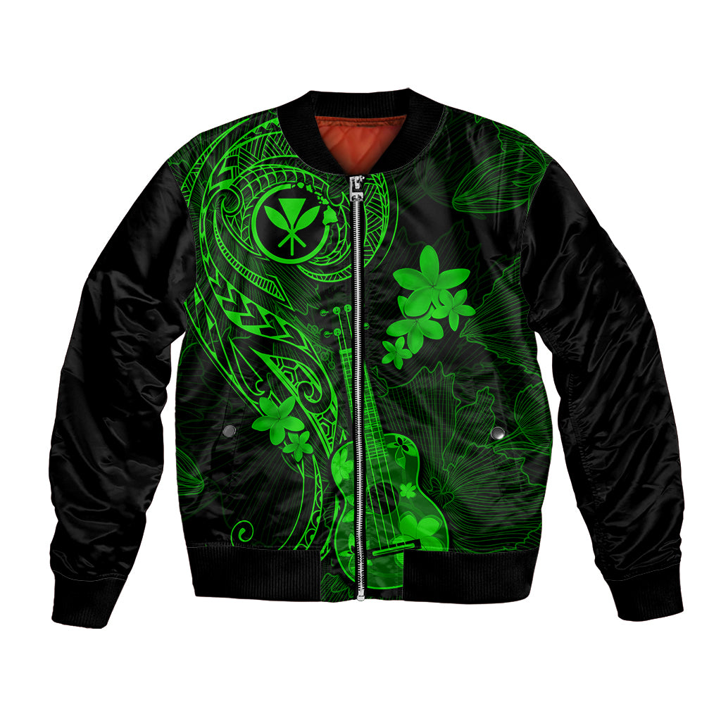 Green and black unisex bomber jacket with neon floral and ukulele front graphic