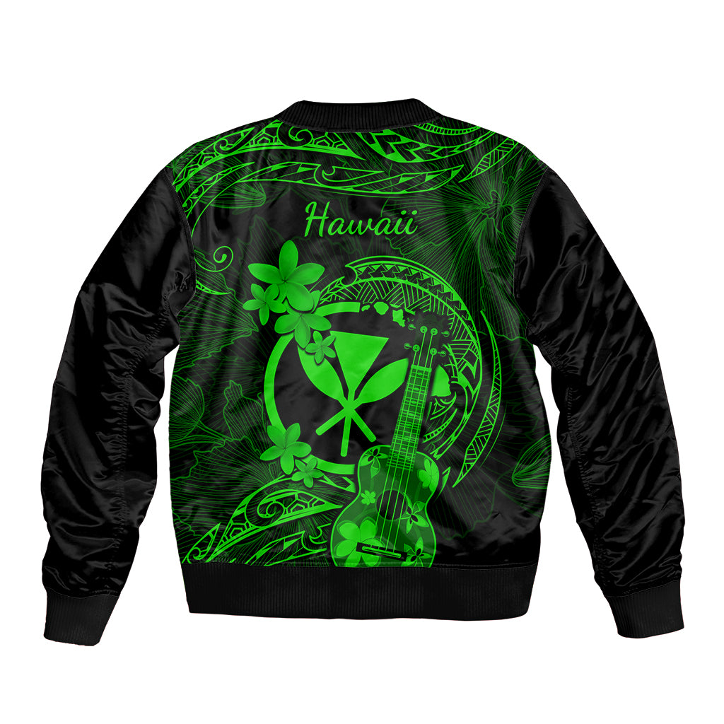 Green and black unisex bomber jacket back with 'Hawaii' text and ukulele graphic