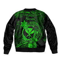 Green and black unisex bomber jacket back with 'Hawaii' text and ukulele graphic