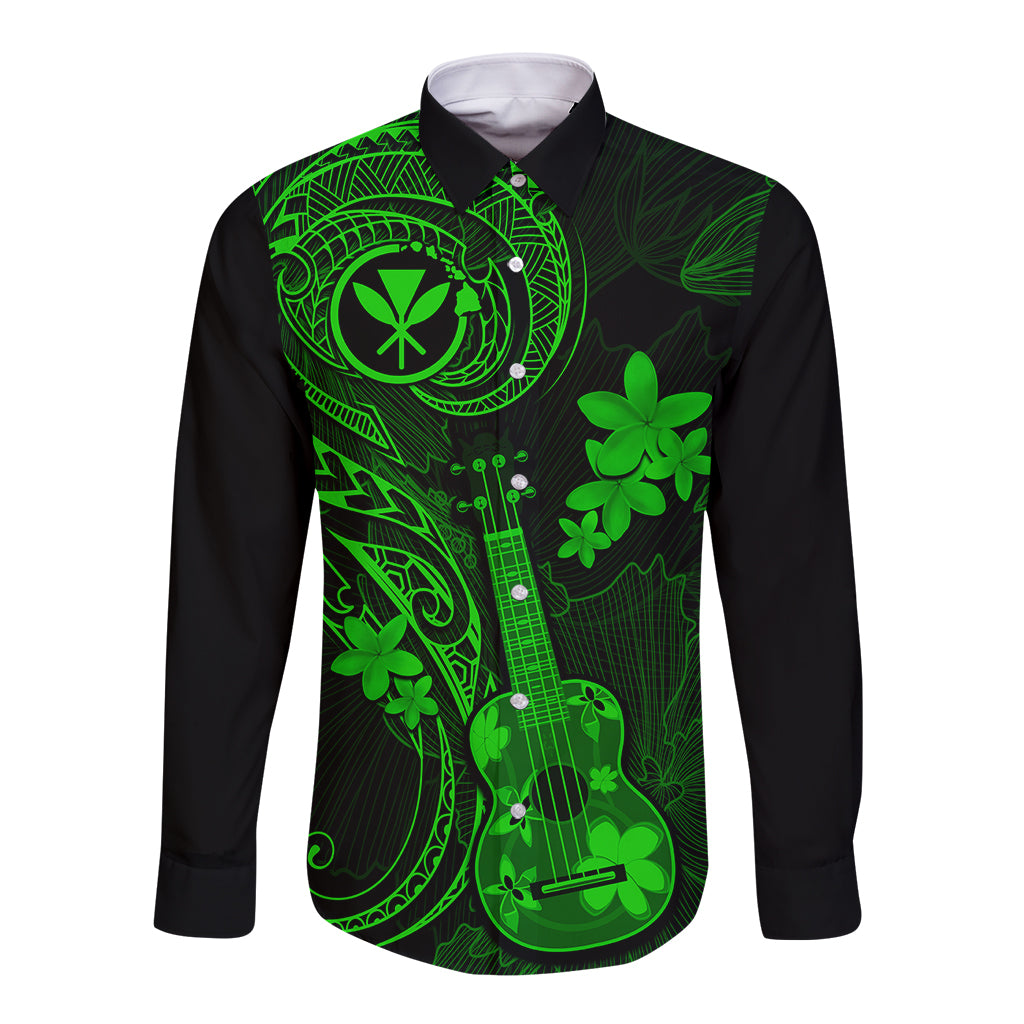 Long-sleeve button shirt, black with neon-green ukulele and plumeria graphic print