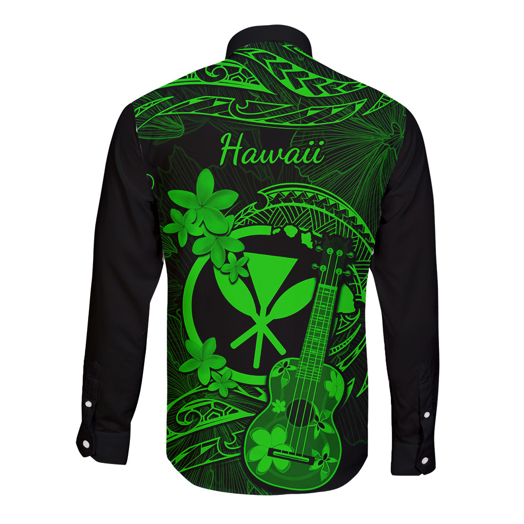 Long-sleeve button shirt, black with back 'Hawaii' neon-green ukulele and plumeria print