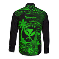 Long-sleeve button shirt, black with back 'Hawaii' neon-green ukulele and plumeria print