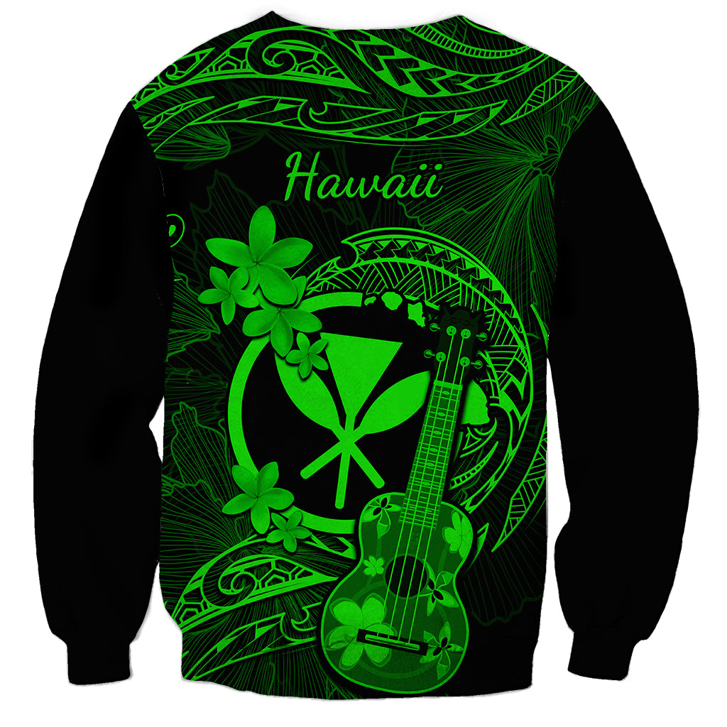 Unisex sweatshirt in black with neon green Hawaii text, ukulele and floral print