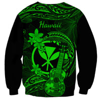Unisex sweatshirt in black with neon green Hawaii text, ukulele and floral print