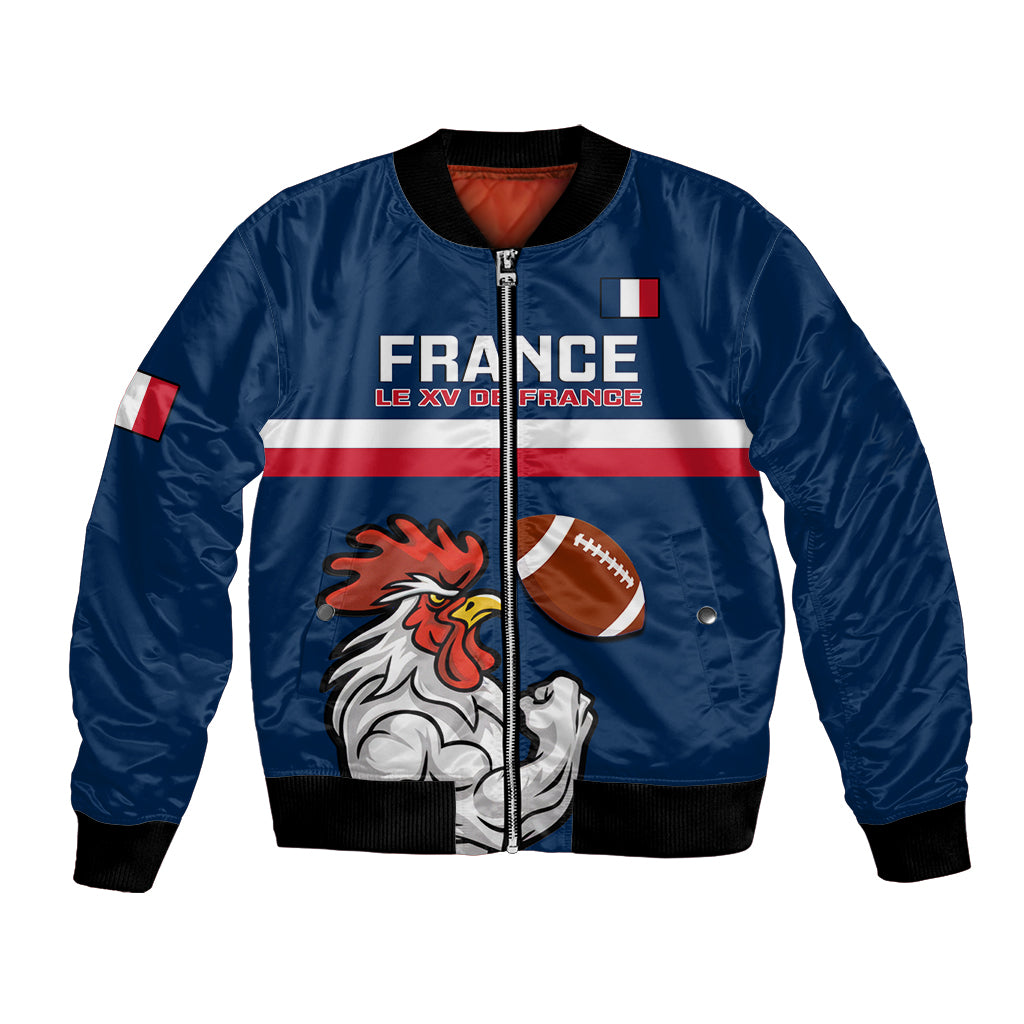 Blue satin bomber jacket with full zip, ribbed cuffs, France crest and rooster front