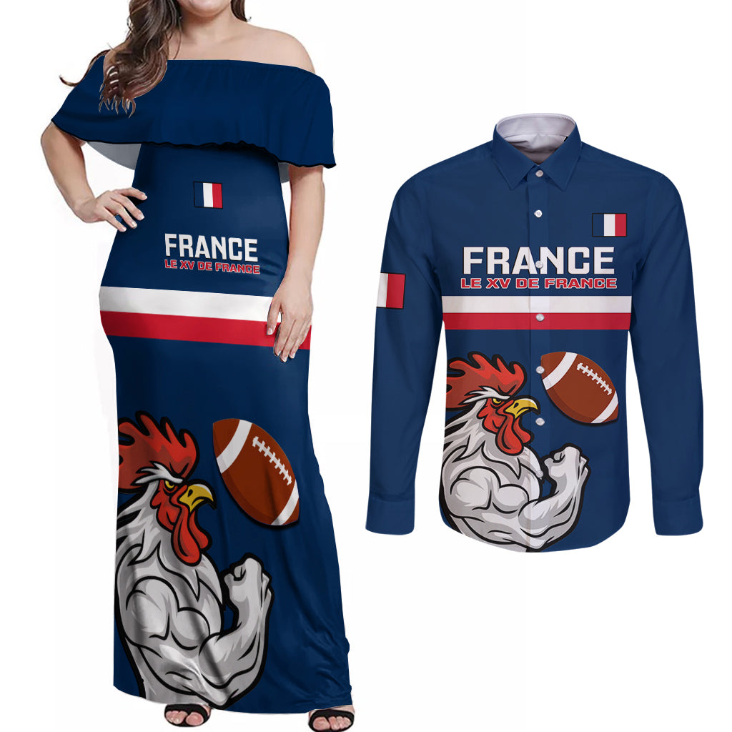 France Rugby Couples Matching Off Shoulder Maxi Dress and Long Sleeve Button Shirts World Cup Allez Les Bleus 2023 Mascot - Wonder Print Shop