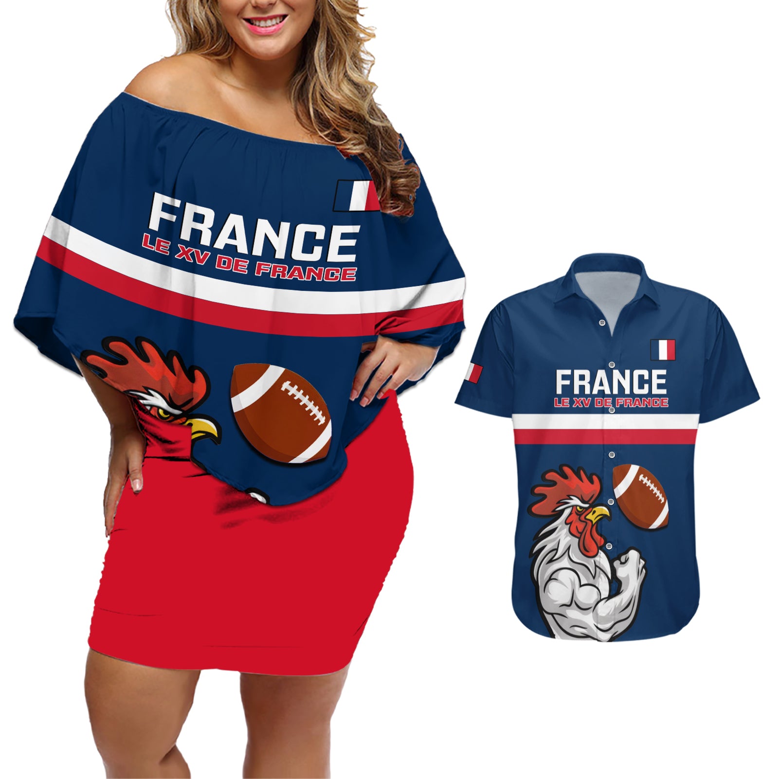 France Rugby Couples Matching Off Shoulder Short Dress and Hawaiian Shirt World Cup Allez Les Bleus 2023 Mascot - Wonder Print Shop