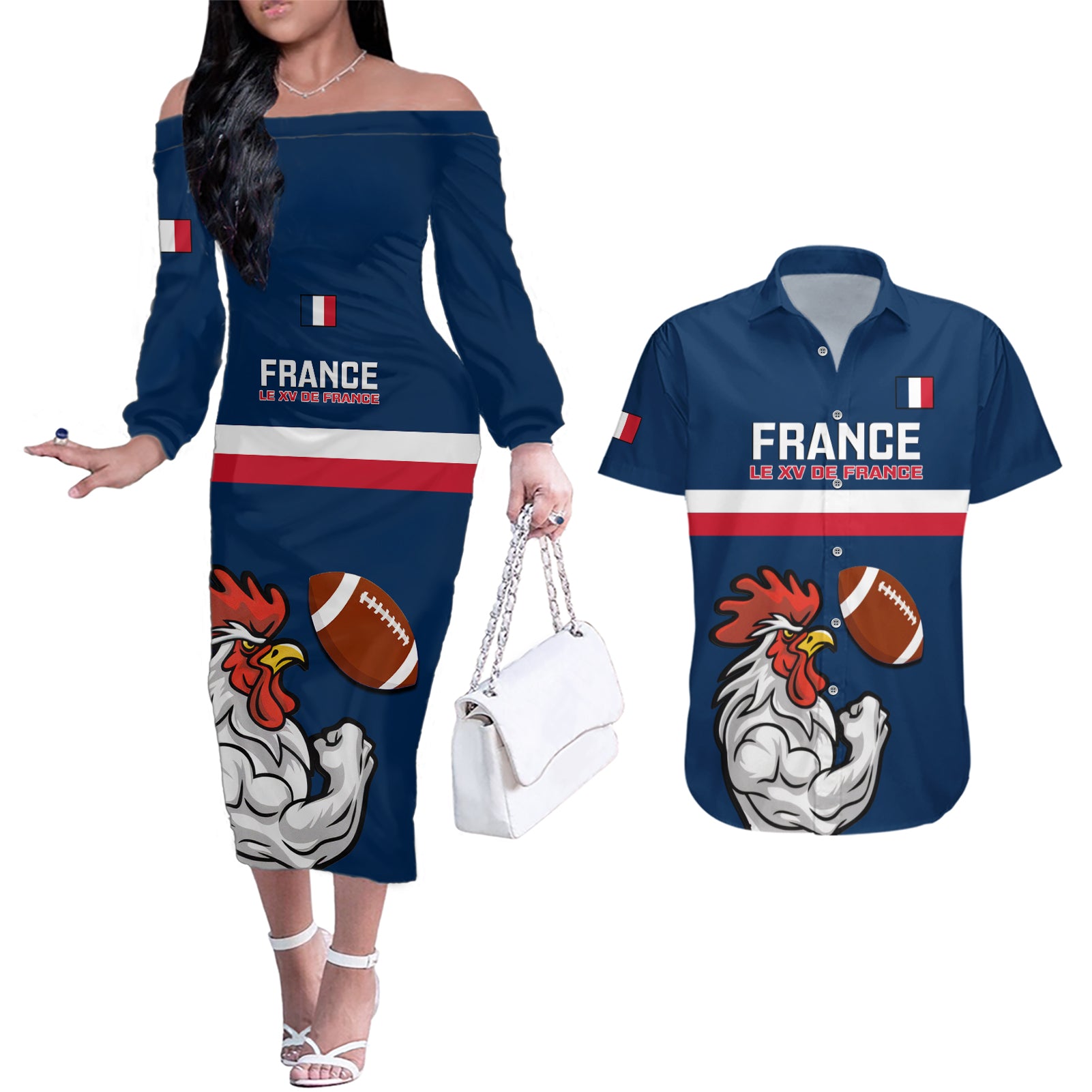 France Rugby Couples Matching Off The Shoulder Long Sleeve Dress and Hawaiian Shirt World Cup Allez Les Bleus 2023 Mascot - Wonder Print Shop