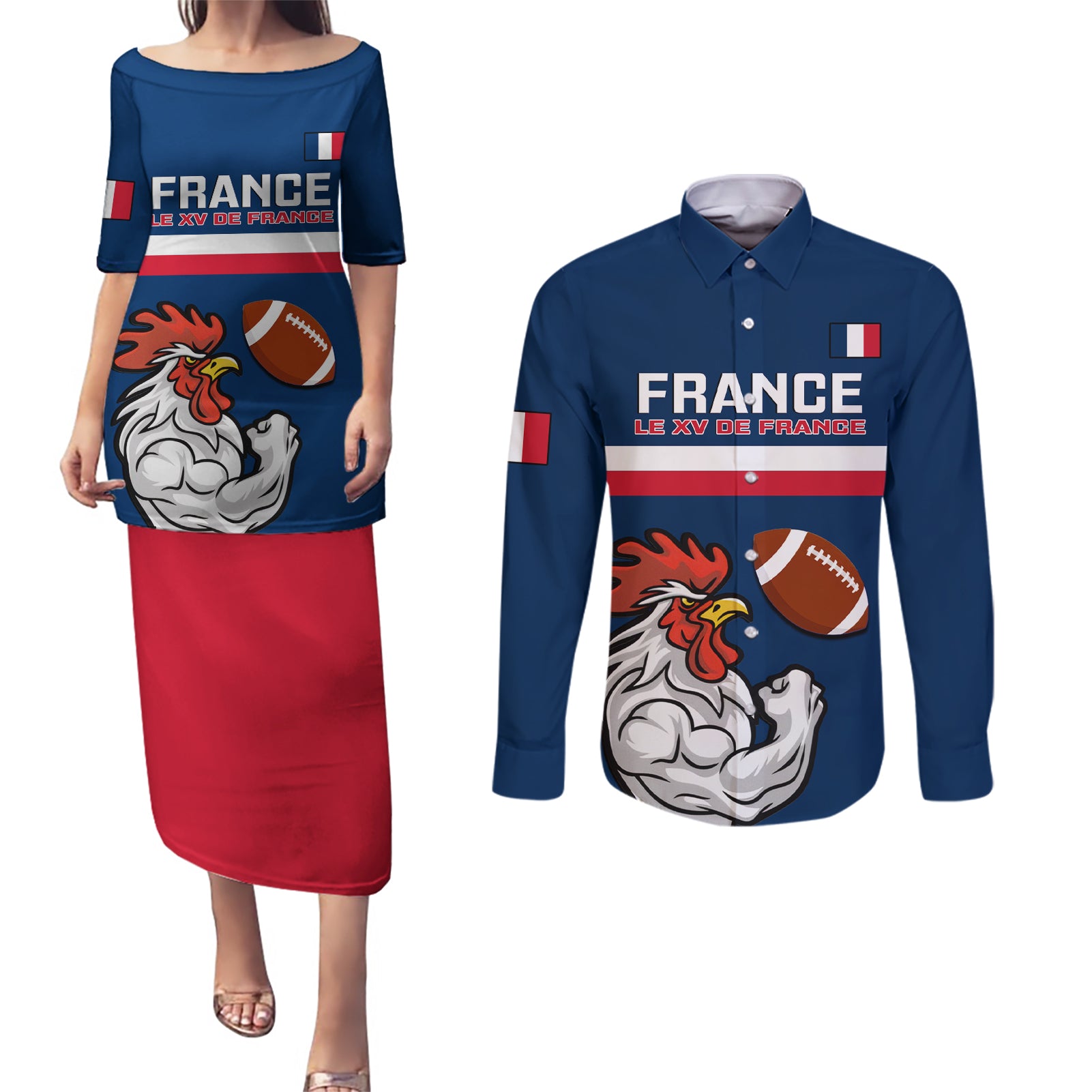 France Rugby Couples Matching Puletasi Dress and Long Sleeve Button Shirts World Cup Allez Les Bleus 2023 Mascot - Wonder Print Shop