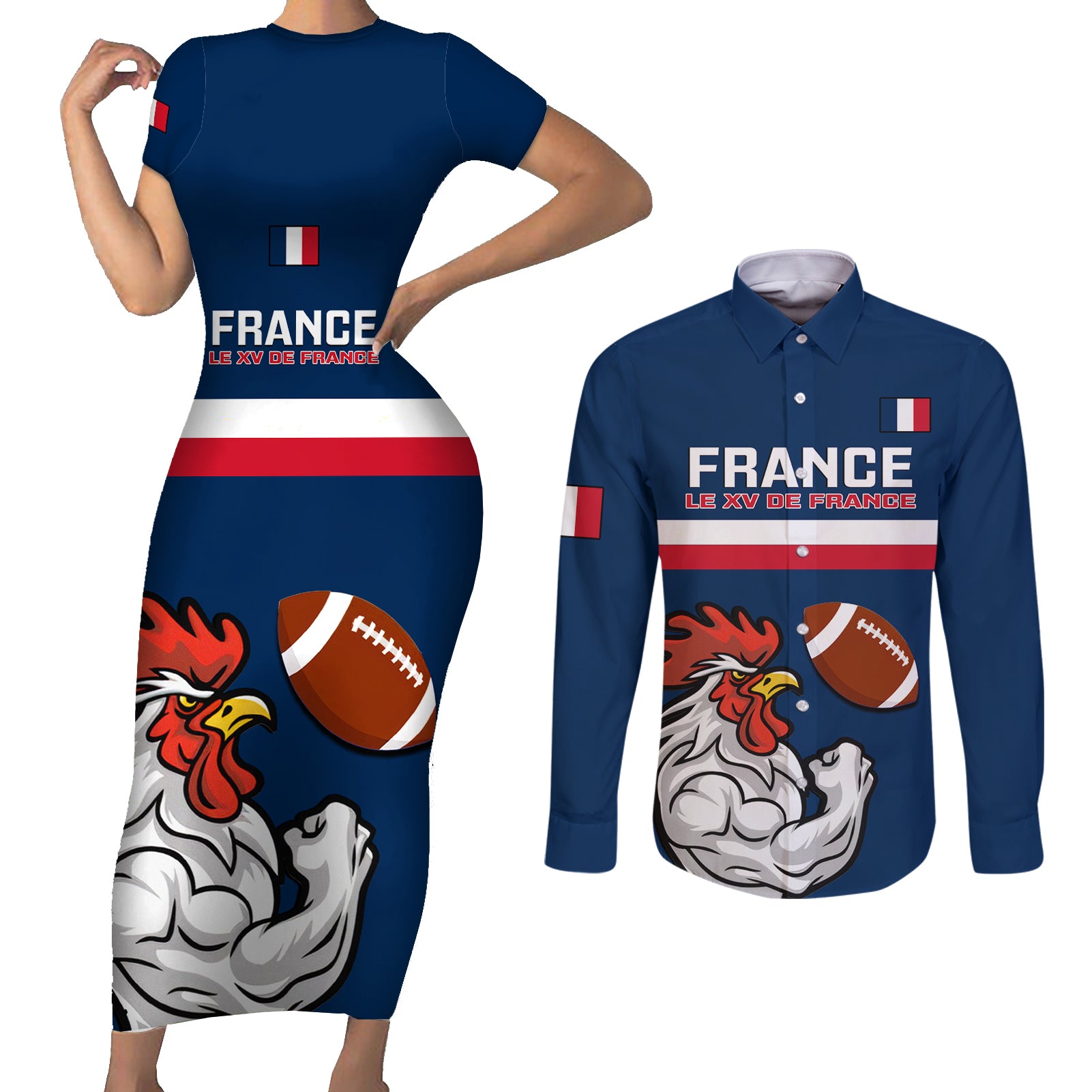 France Rugby Couples Matching Short Sleeve Bodycon Dress and Long Sleeve Button Shirts World Cup Allez Les Bleus 2023 Mascot - Wonder Print Shop