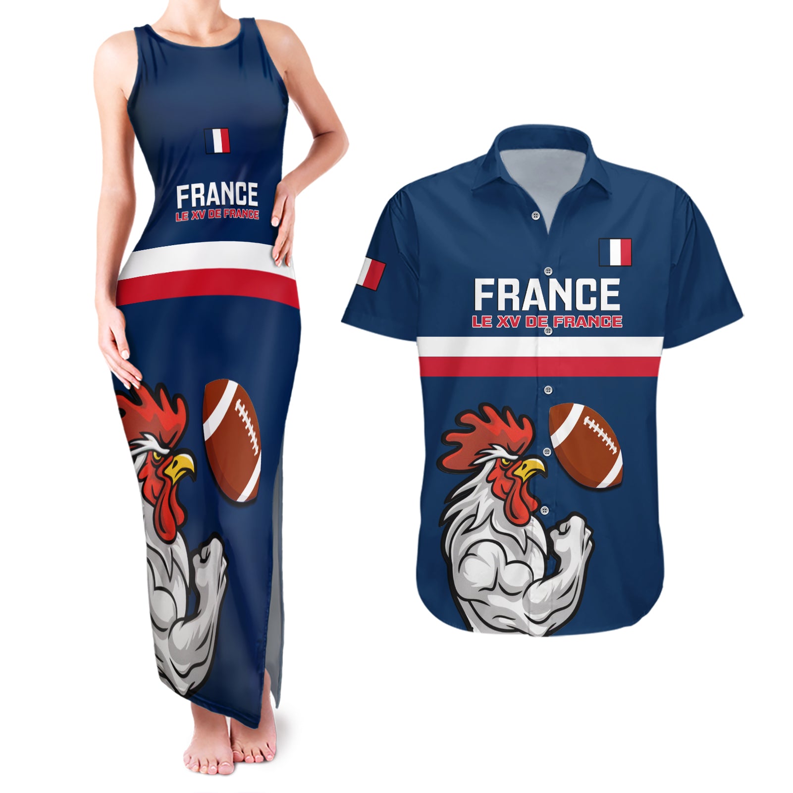 France Rugby Couples Matching Tank Maxi Dress and Hawaiian Shirt World Cup Allez Les Bleus 2023 Mascot - Wonder Print Shop