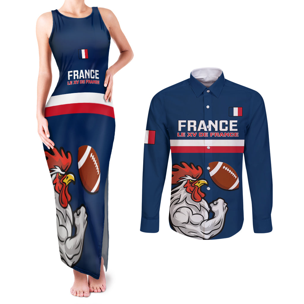 France Rugby Couples Matching Tank Maxi Dress and Long Sleeve Button Shirts World Cup Allez Les Bleus 2023 Mascot - Wonder Print Shop