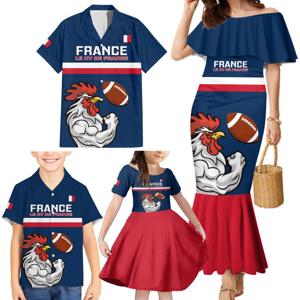 France Rugby Family Matching Mermaid Dress and Hawaiian Shirt World Cup Allez Les Bleus 2023 Mascot - Wonder Print Shop