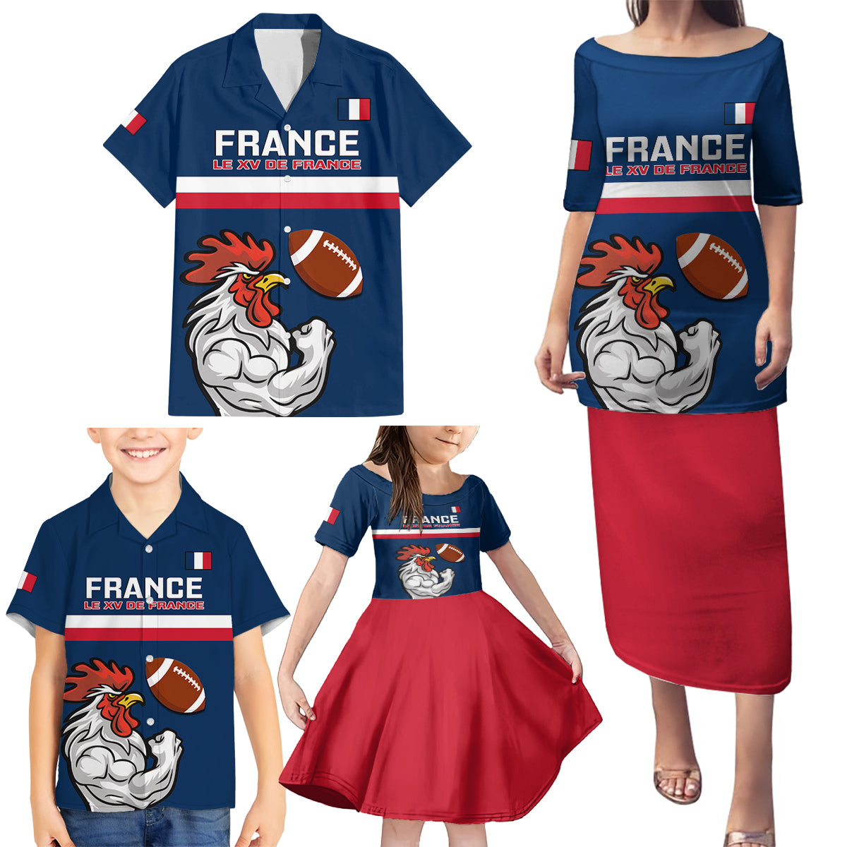 France Rugby Family Matching Puletasi Dress and Hawaiian Shirt World Cup Allez Les Bleus 2023 Mascot - Wonder Print Shop