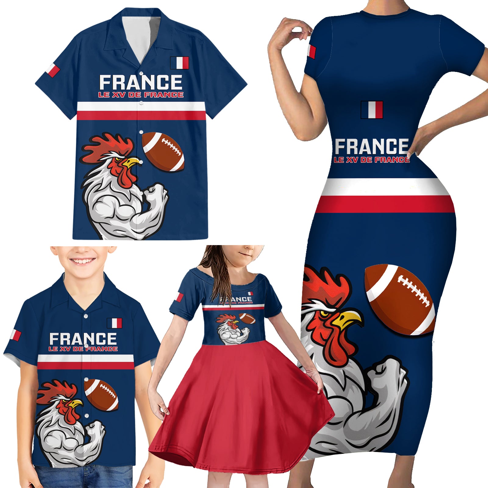 France Rugby Family Matching Short Sleeve Bodycon Dress and Hawaiian Shirt World Cup Allez Les Bleus 2023 Mascot - Wonder Print Shop