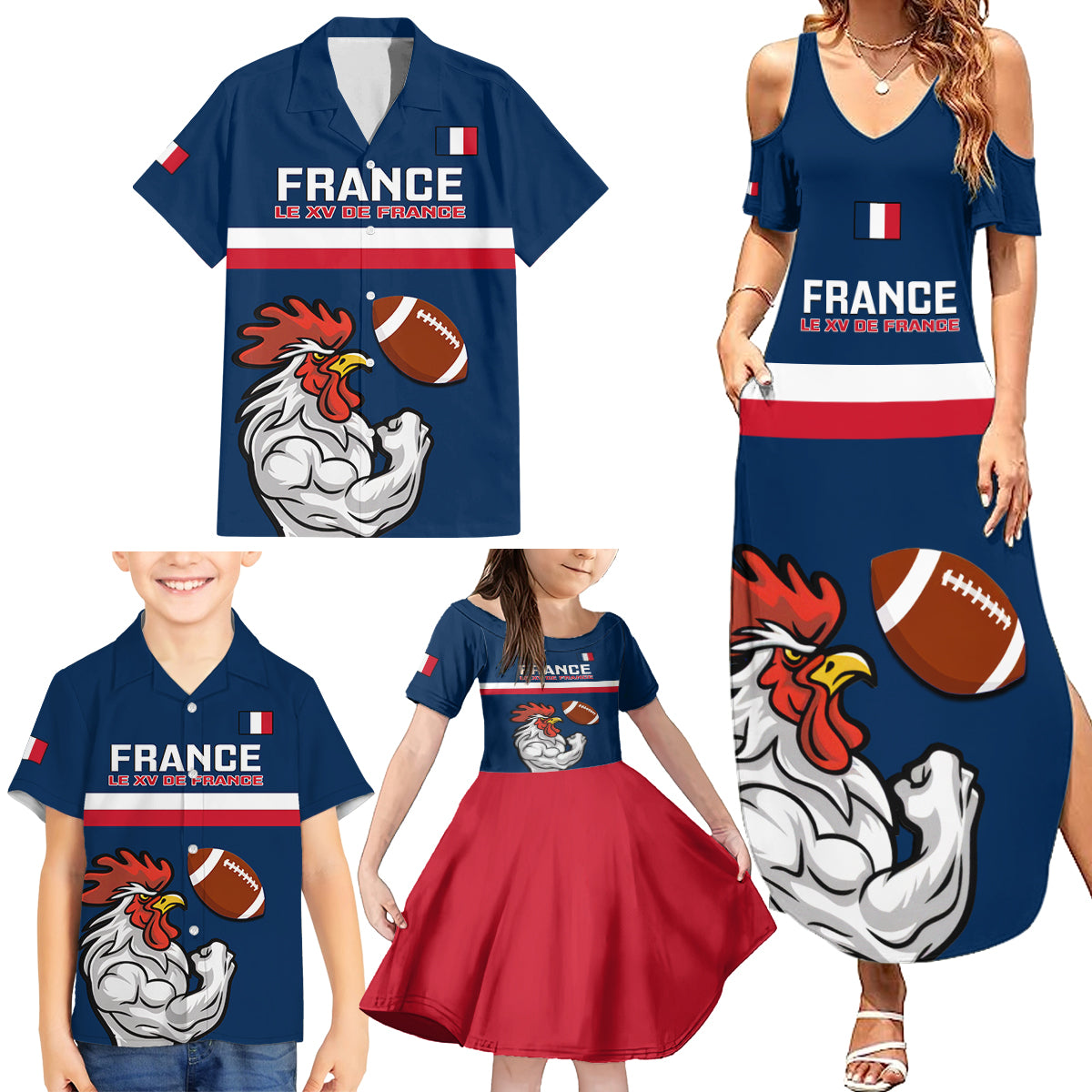 France Rugby Family Matching Summer Maxi Dress and Hawaiian Shirt World Cup Allez Les Bleus 2023 Mascot - Wonder Print Shop