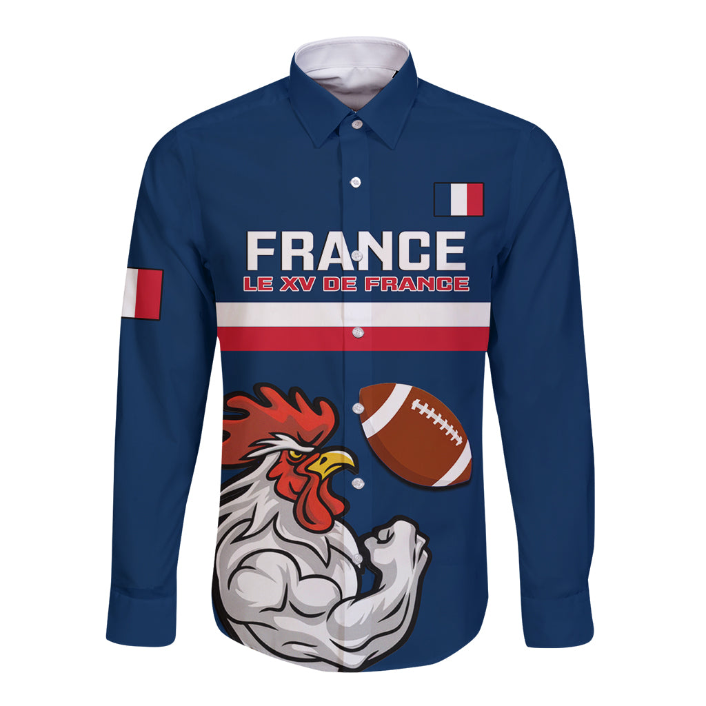 France Rugby Long Sleeve Button Shirt World Cup Allez Les Bleus 2023 Mascot - Wonder Print Shop