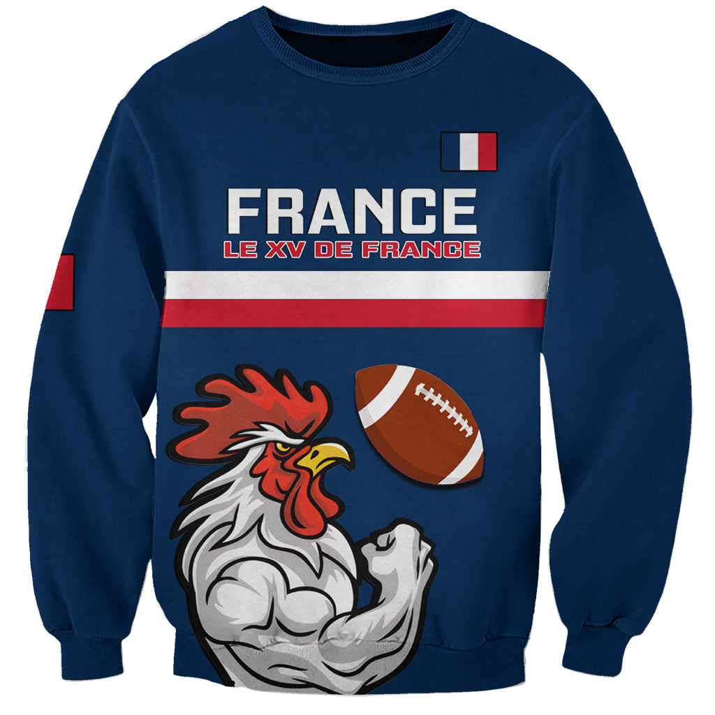 Blue unisex sweatshirt with FRANCE graphic, flag stripe, mascot and rugby ball